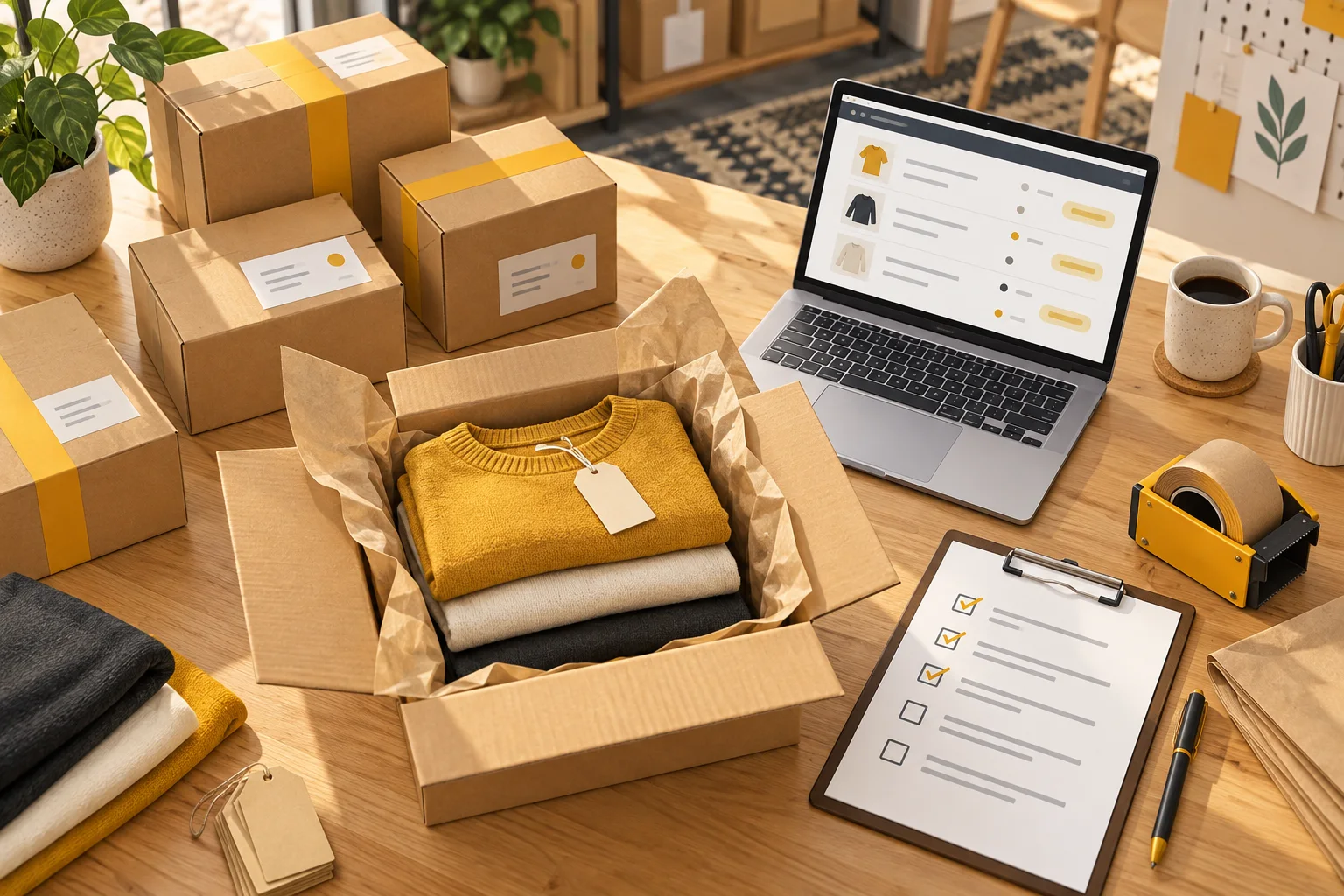 Ilustración de una mesa de preparación con paquetes, ropa protegida y una lista de pedidos de ecommerce