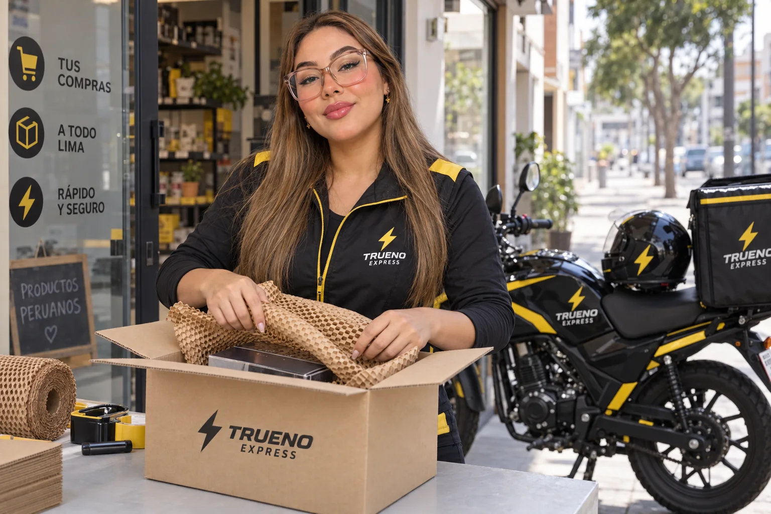 Repartidora de Trueno Express mostrando cómo proteger una caja para enviarla por motorizado en Lima
