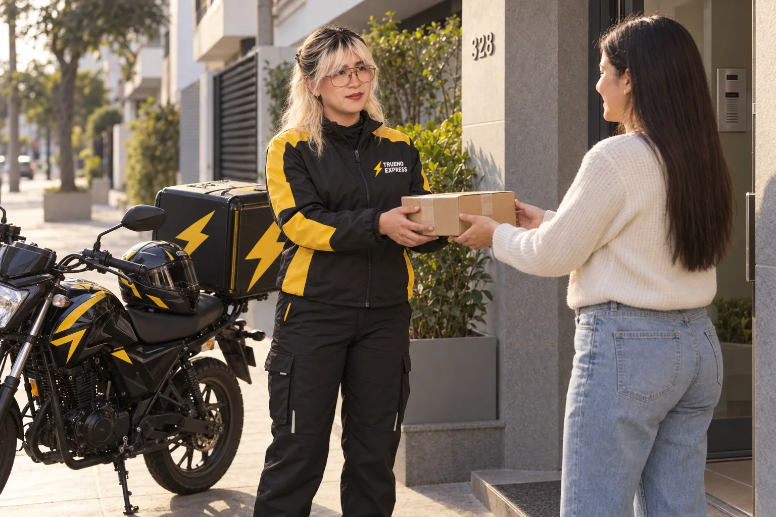 Repartidora de Trueno Express entregando un paquete para un delivery el mismo día en Lima