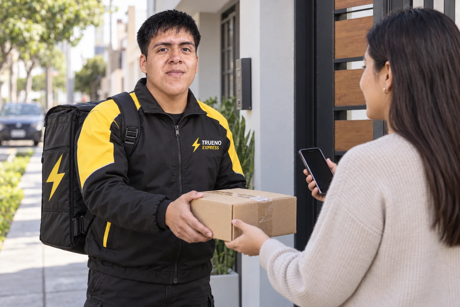 Repartidor de Trueno Express entregando un paquete a una clienta con su teléfono para coordinar el pago