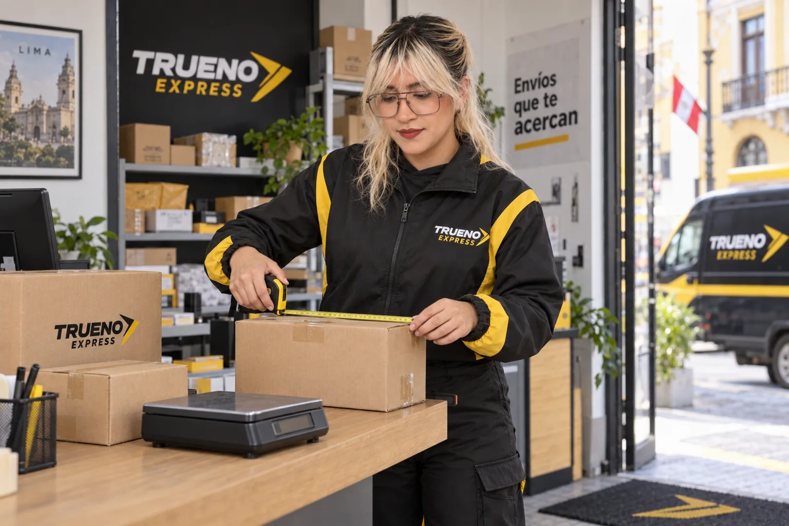 Repartidora midiendo una caja para cotizar el precio de delivery en Lima con Trueno Express