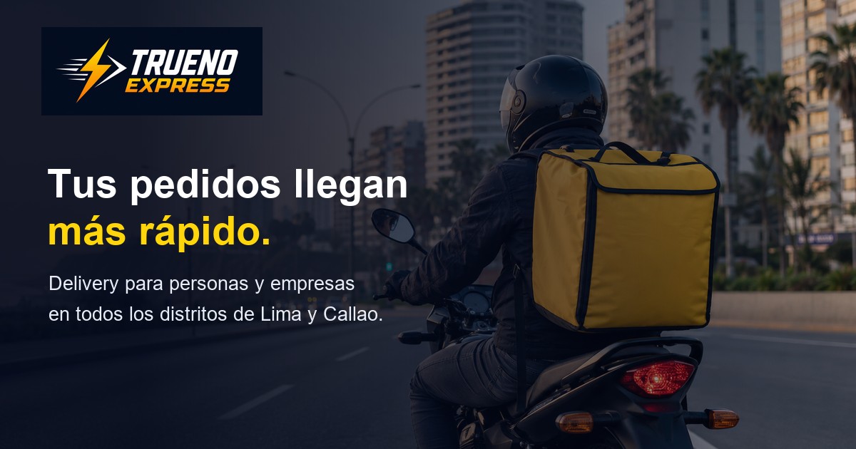 Ilustración de un repartidor en moto con mochila amarilla y la marca TRUENO Express