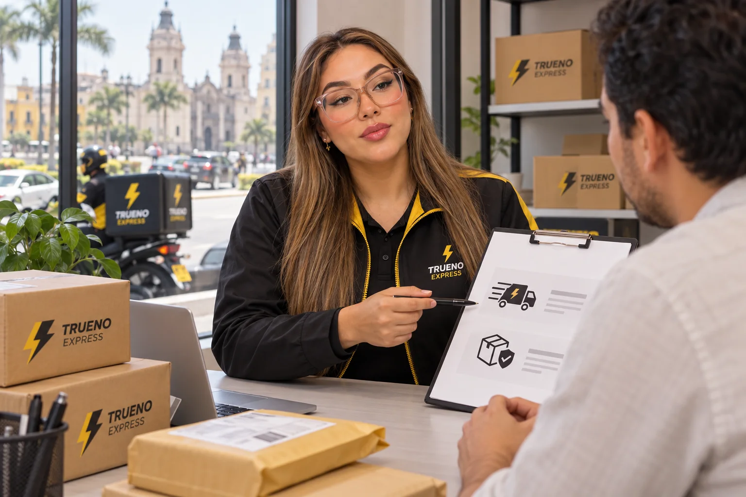 Asesora de Trueno Express explicando opciones para elegir un servicio de delivery en Lima