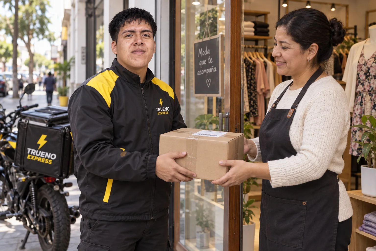 Repartidor recibiendo un paquete de una tienda para coordinar un delivery el mismo día en Lima