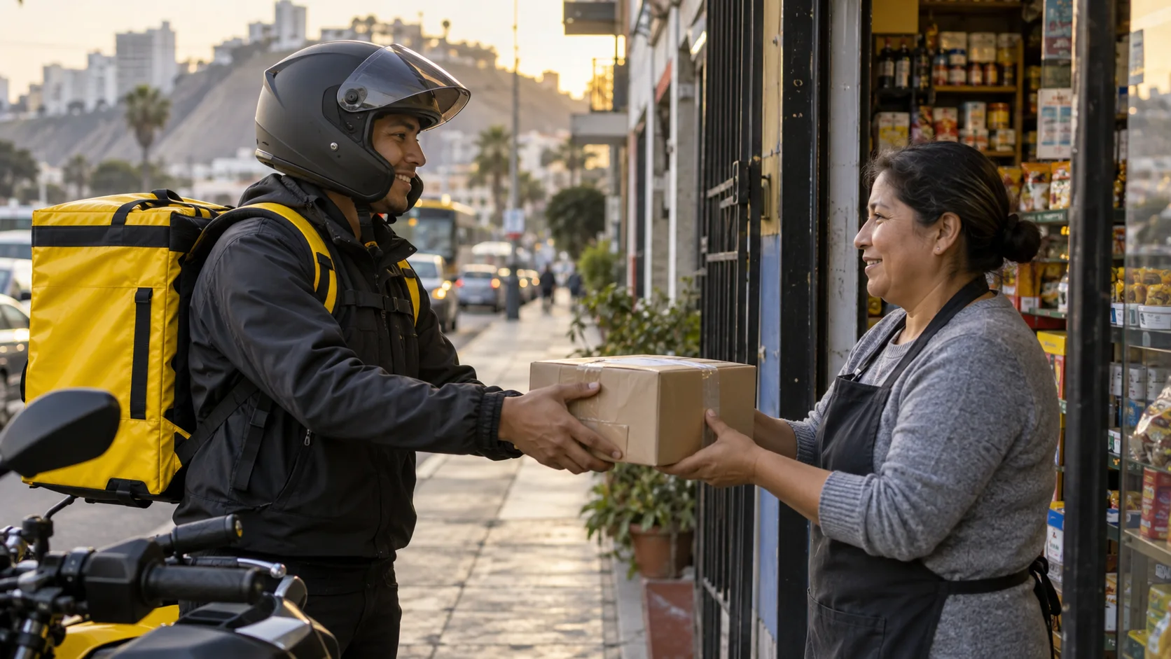 Repartidor de courier con mochila amarilla entrega un paquete a un negocio en una calle de Lima