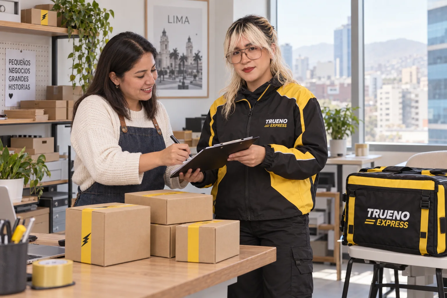 Repartidora de Trueno Express coordinando el recojo de cajas para una empresa en Lima
