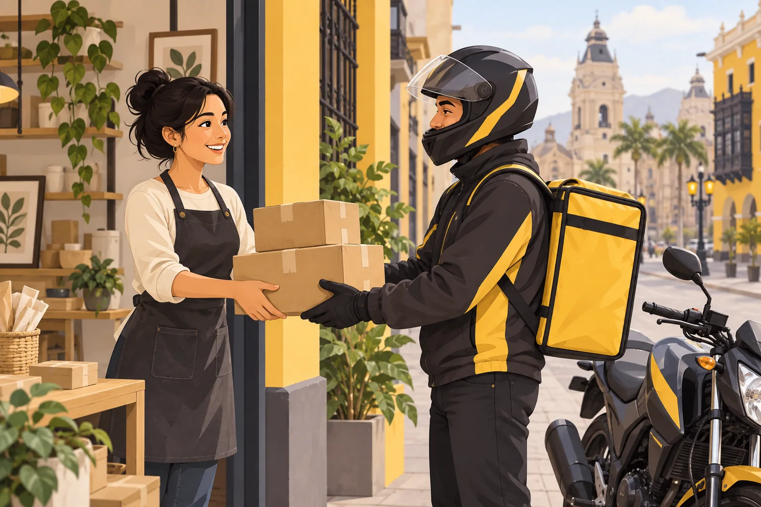 Ilustración de una emprendedora entregando paquetes a un repartidor con mochila amarilla en Lima