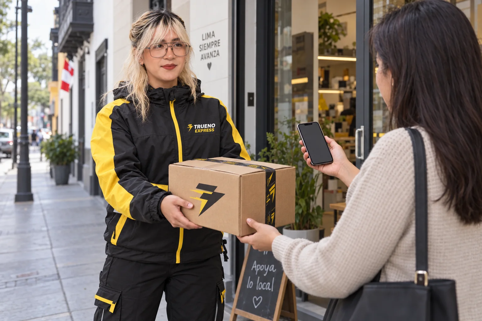 Repartidora de Trueno Express coordinando un paquete y el pago contraentrega con un cliente