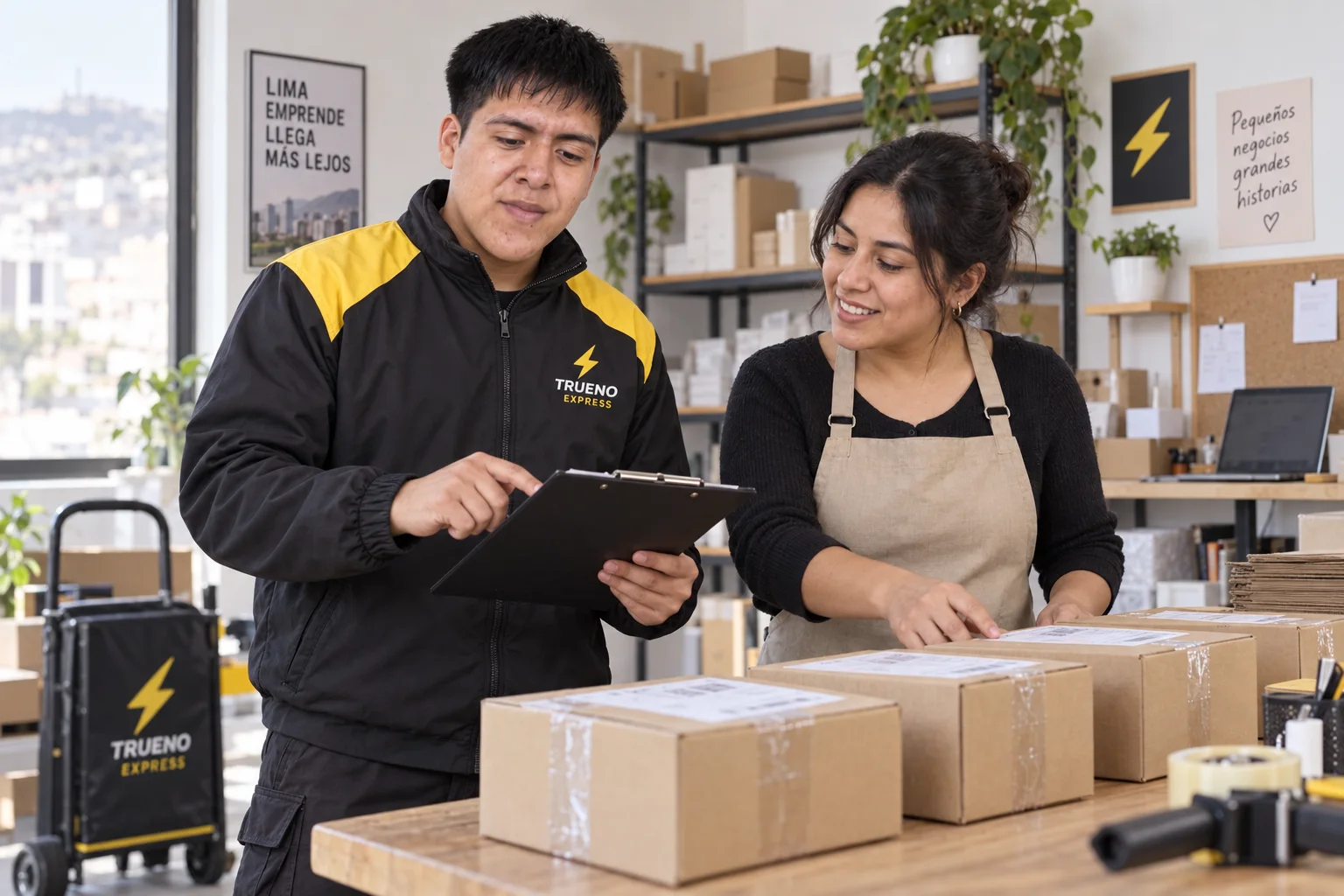 Courier de Trueno Express revisando los pedidos de una tienda ecommerce antes del recojo en Lima