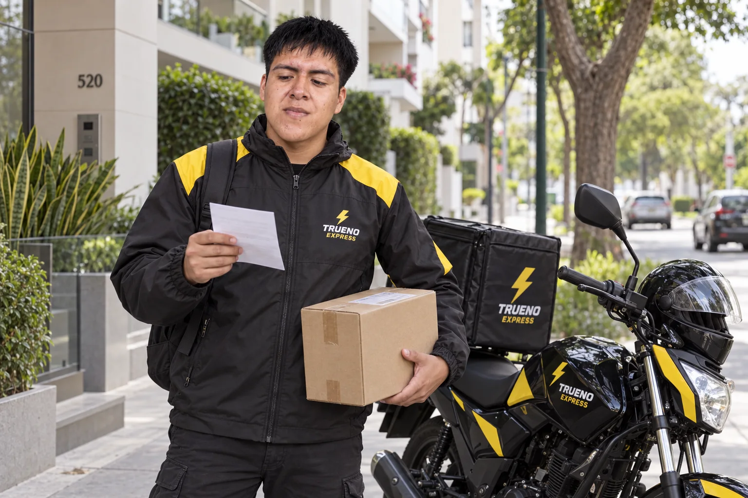 Repartidor de Trueno Express revisando una dirección junto a una moto para una entrega entre distritos de Lima