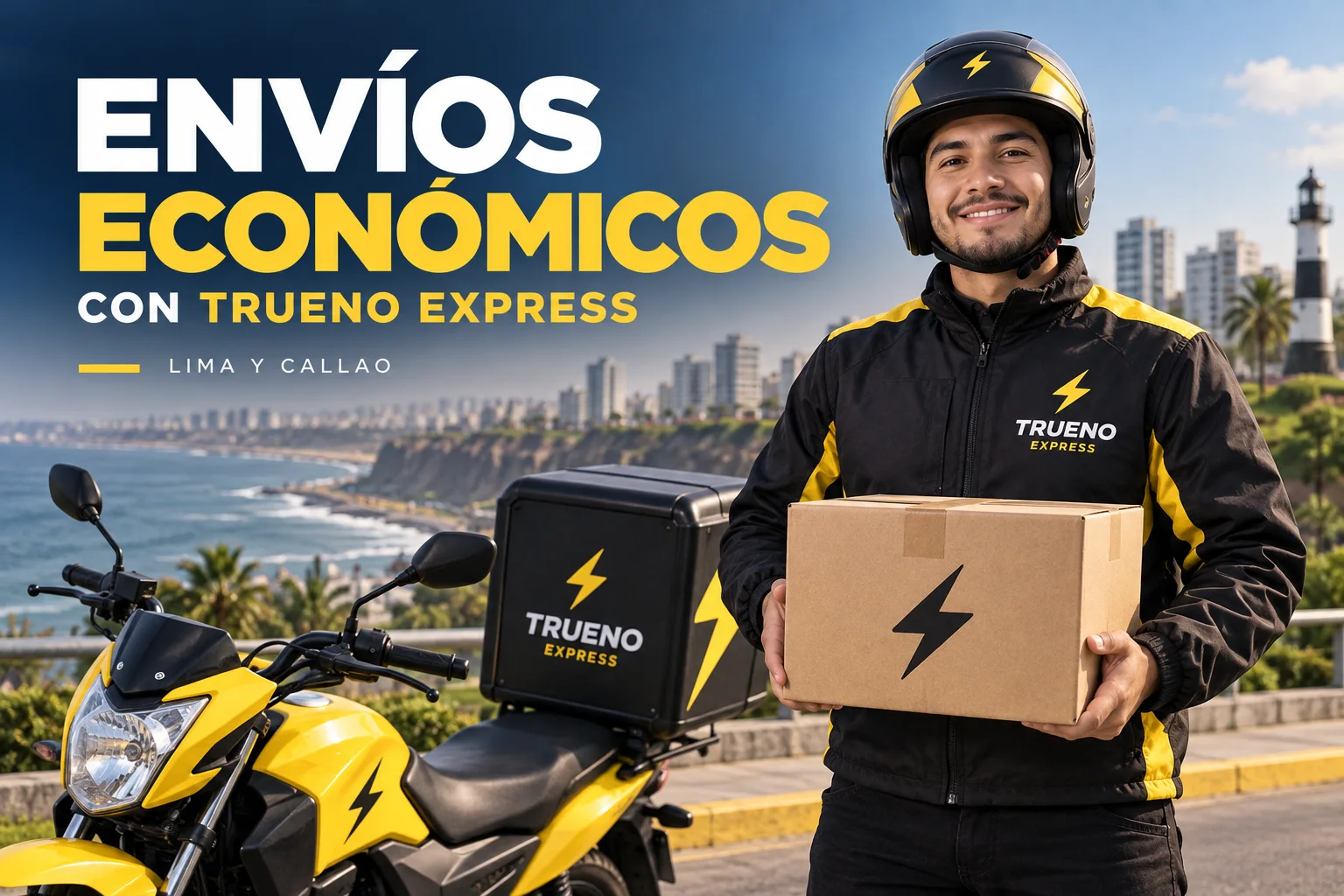 Ilustración de un repartidor con paquete y motocicleta de Trueno Express para envíos en Lima y Callao.