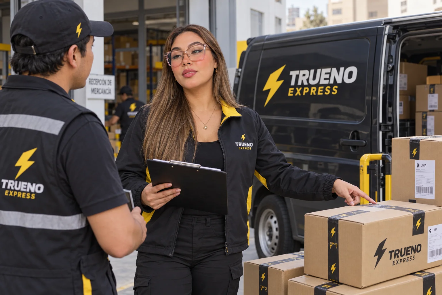 Asesora de Trueno Express coordinando cajas y una minivan para el delivery de una empresa en Lima