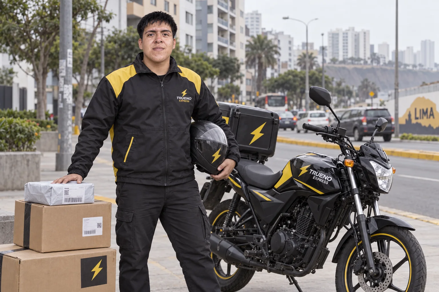 Courier de Trueno Express con paquetes y una moto estacionada para entregas entre distritos de Lima
