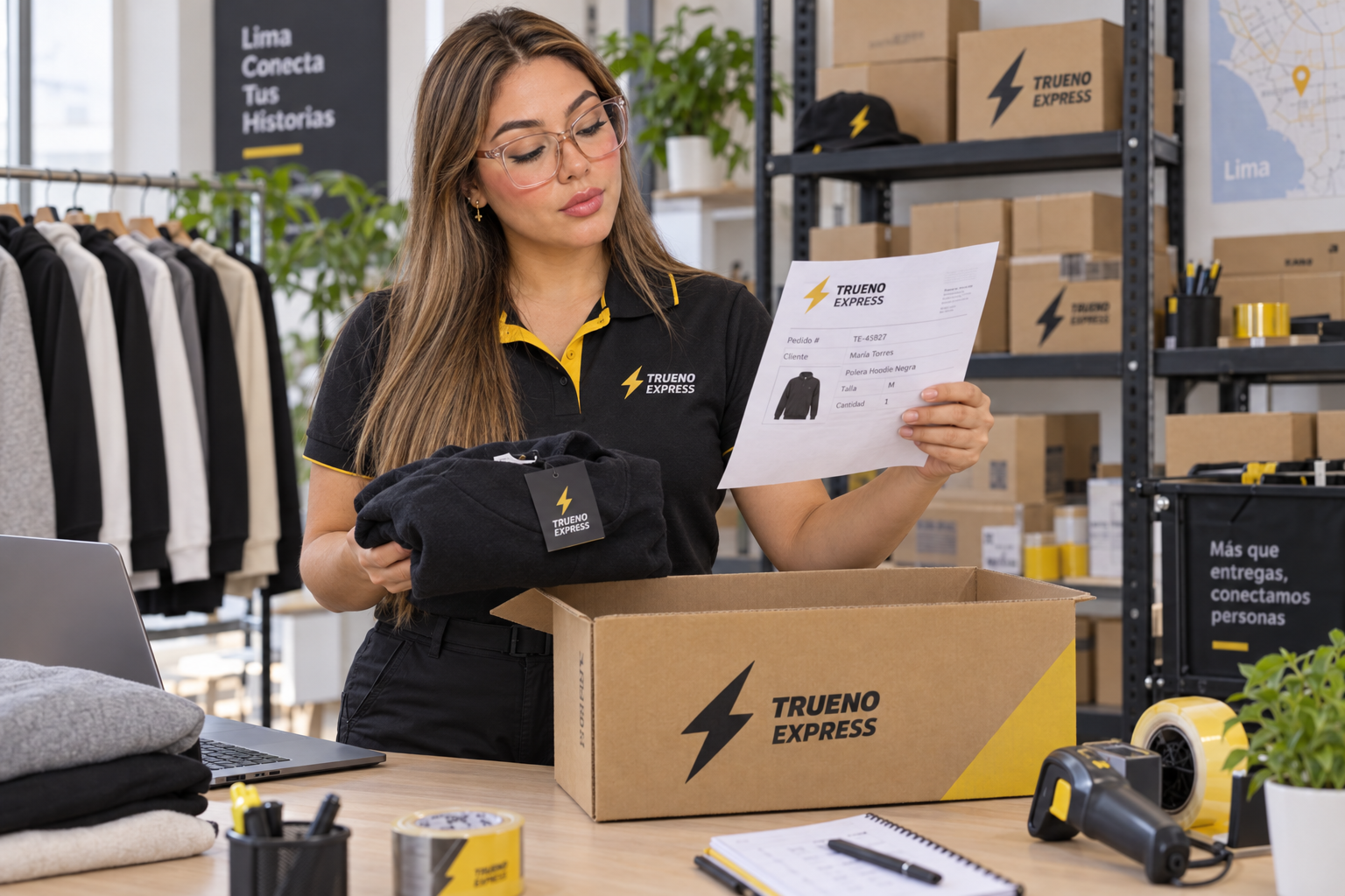 Asesora de Trueno Express revisando una prenda y su pedido de ecommerce antes del despacho en Lima