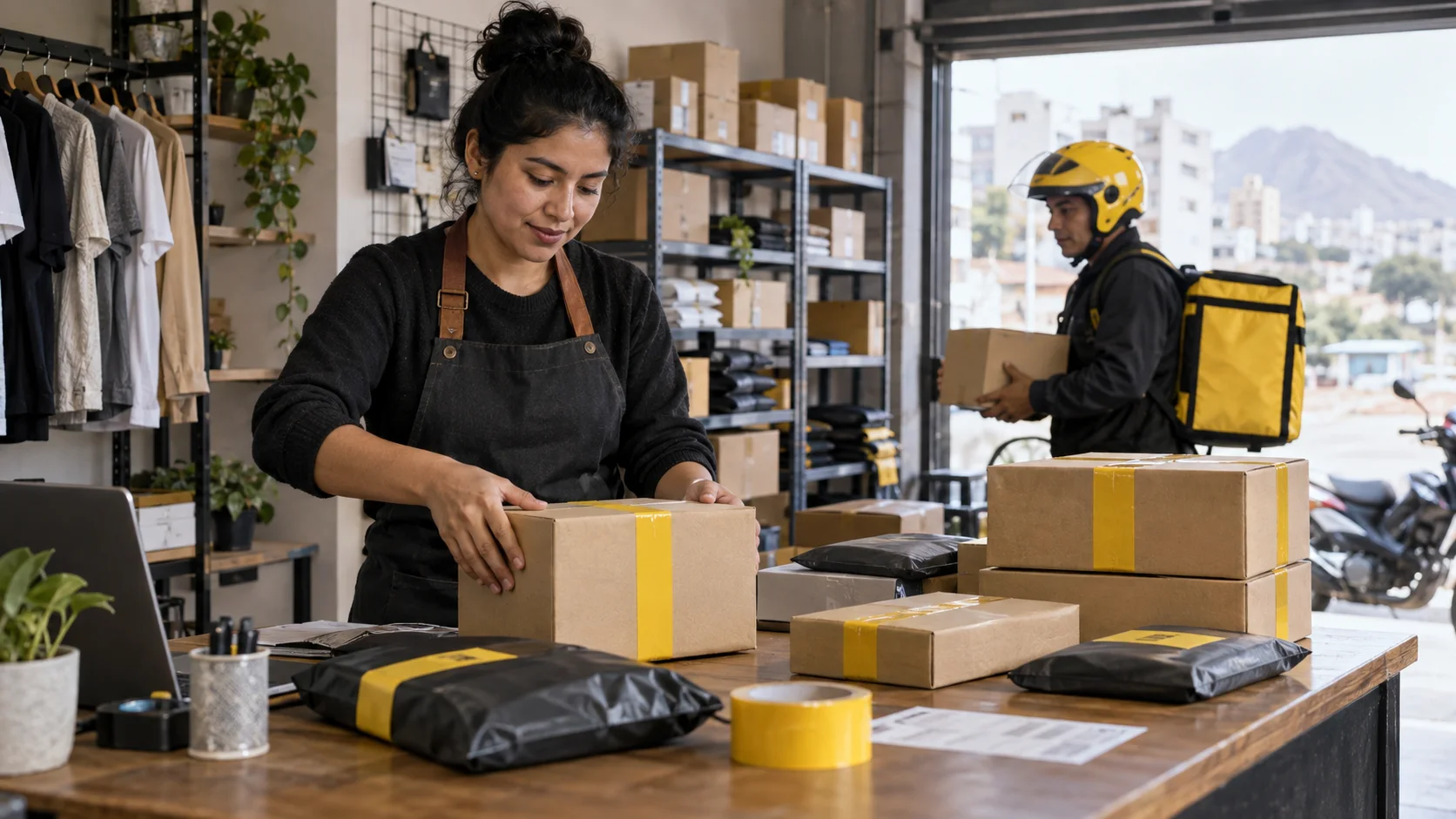 Tienda online preparando paquetes para el recojo de un repartidor con casco y mochila amarilla