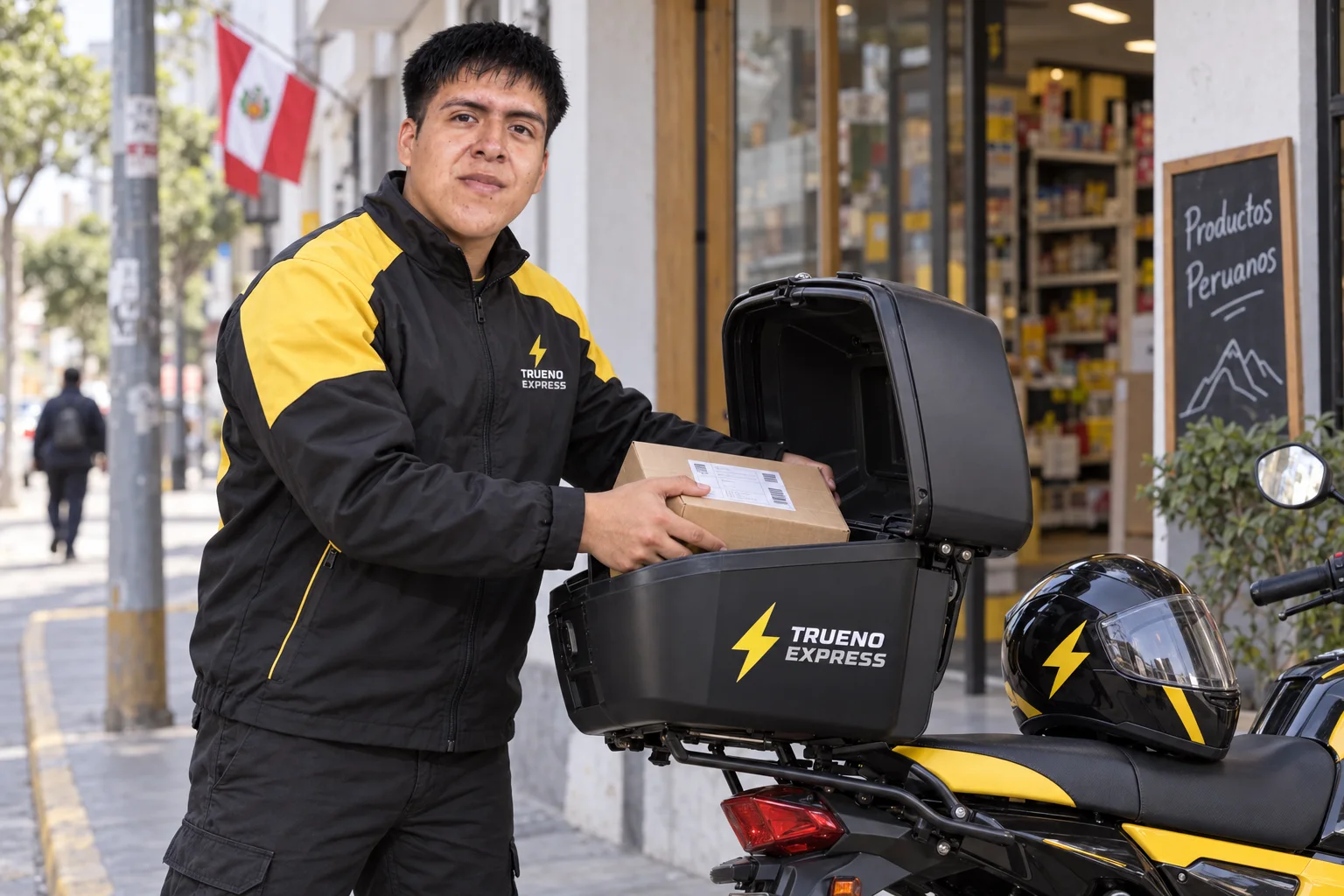 Repartidor de Trueno Express acomodando un paquete en la caja de una moto para delivery en Lima