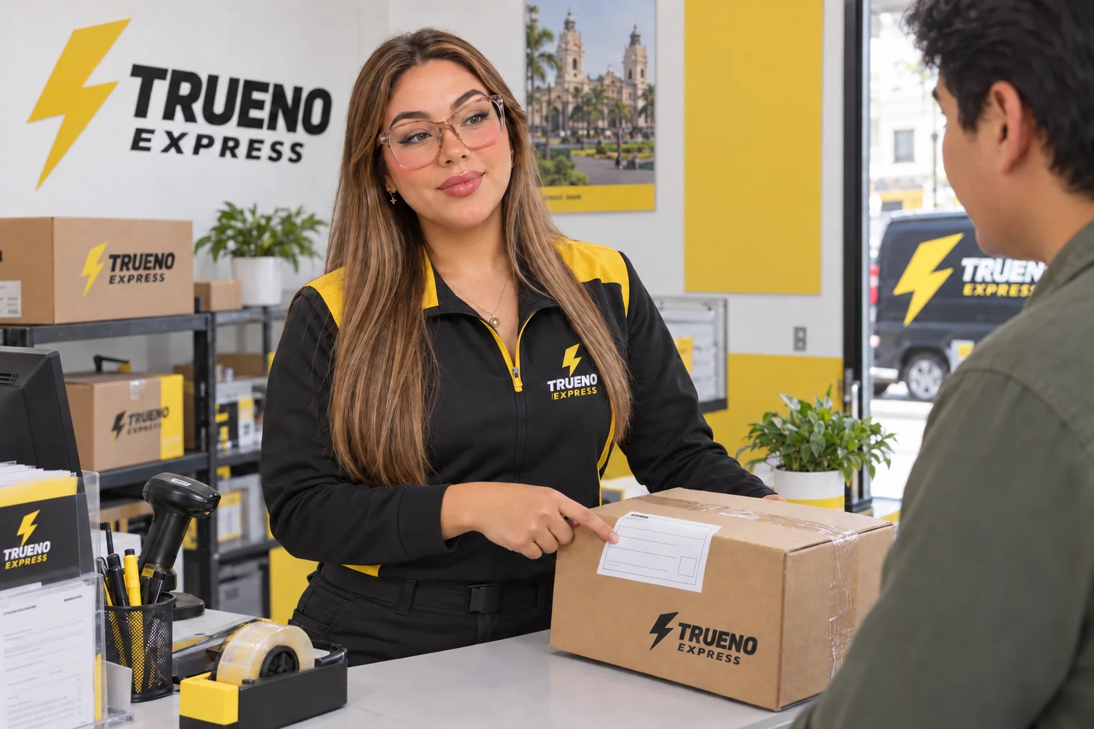 Asesora de Trueno Express mostrando cómo identificar un paquete antes de contratar un courier en Lima